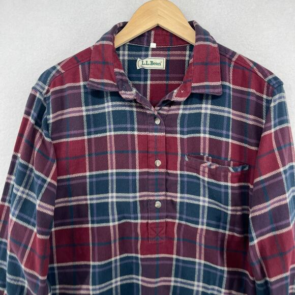 LL BEAN Shirt Womens L Flannel Plaid Cropped Crafted Popover Long Sleeve Red - Picture 3 of 14